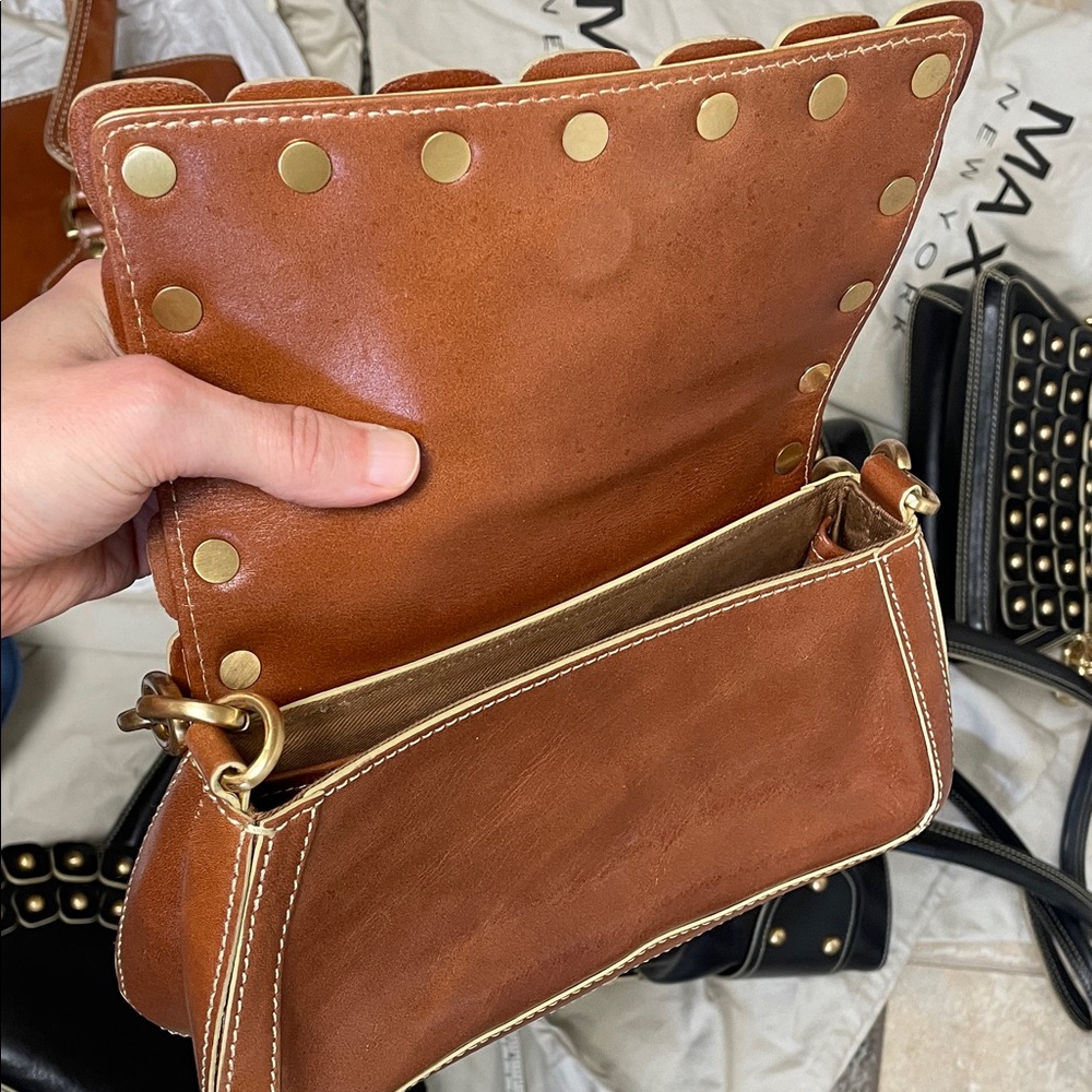 Maxx New York Leather cognac brown Gold chain  Studded Shoulder Bag - Picture 9 of 17